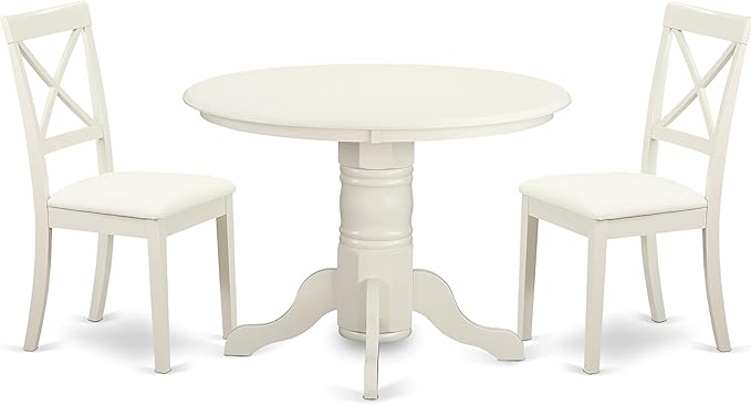East West Furniture SHBO3-WHI-LC 3 Piece Dinette Set for Small Spaces Contains a Round Kitchen Table with Pedestal and 2 Faux Leather Upholstered Dining Chairs, 42x42 Inch - LeafyLoom