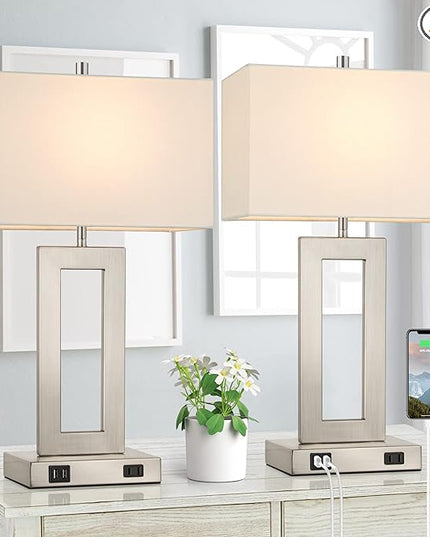 22'' Tall Table Lamps for Bedroom Set of 2, Silver Bedside Touch Control Lamp with 2 USB Ports&AC Outlet, Modern Living Room Table Lamp for Nightstand End Table, 3-Way Dimming with 2 E26 Edison Bulbs - LeafyLoom