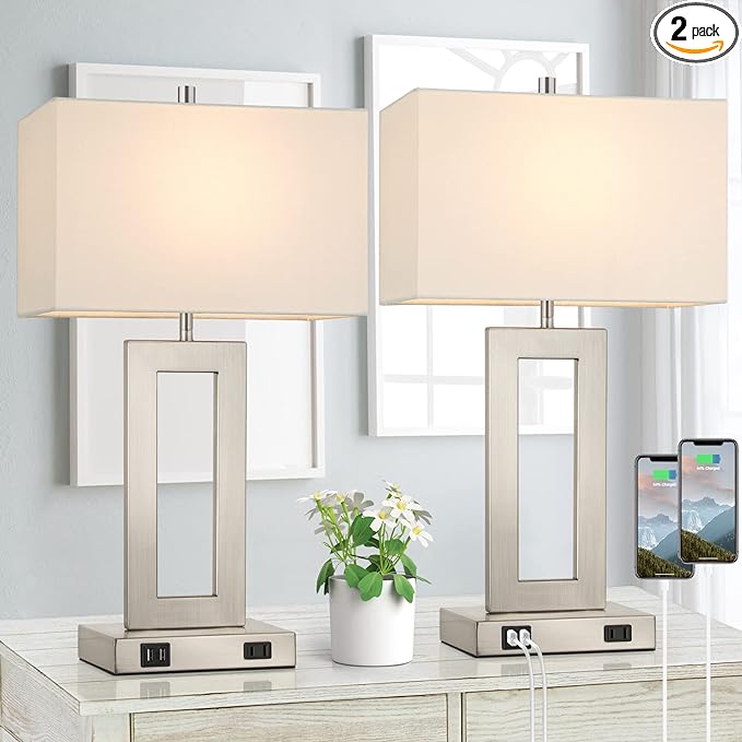 22'' Tall Table Lamps for Bedroom Set of 2, Silver Bedside Touch Control Lamp with 2 USB Ports&AC Outlet, Modern Living Room Table Lamp for Nightstand End Table, 3-Way Dimming with 2 E26 Edison Bulbs - LeafyLoom