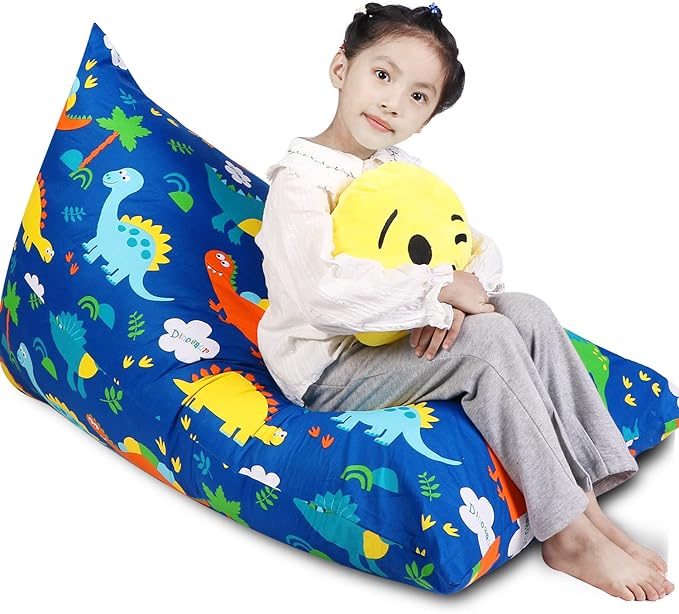 Stuffed Animal Storage Bean Bag Chair Cover, Cotton Blue Dinosaur Plush Toy Storage Stuff and Sit Seat for Kids/Teens/Adults, 52" x 31" Extra Large Triangle Floor Sofa, 200L/52Gal, Cover Only - LeafyLoom