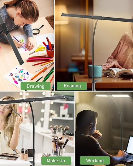 Desk Lamp for Office Home - LED Reading Light 160 LEDs with Clamp Table Lamps Eye-Caring Study Clip on Lights 3 Modes & Stepless Dimming Double Head Computer Lighting for Home, Office and Bedroom - LeafyLoom