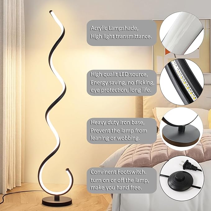 Spiral LED Floor Lamp, 40W Dimmable Modern Floor Lamps for Living Room with Remote Control, Stepless Adjustable Colors & Brightness Standing Lamp Reading Corner Floor Lamp for Bedroom - Black - LeafyLoom