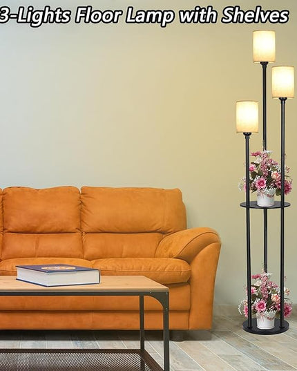 Floor Lamp - 3 Lights Modern Floor Lamp for Living Room, Dimmable Tall Pole Lamp with Shelves, Farmhouse Standing lamp for Bedrooms Office Home Decor, 3 LED Bulbs Included, 3 Color Temperatures - LeafyLoom