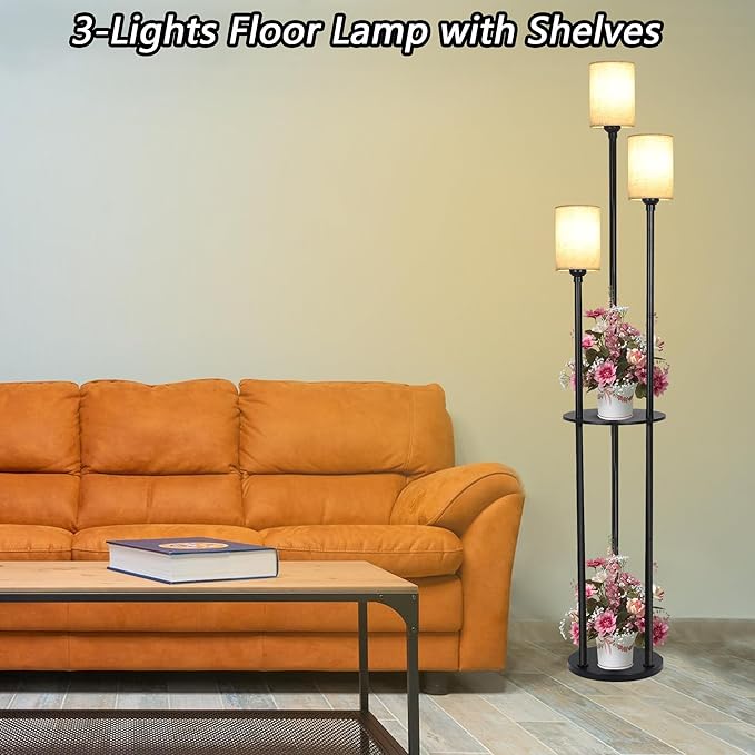 Floor Lamp - 3 Lights Modern Floor Lamp for Living Room, Dimmable Tall Pole Lamp with Shelves, Farmhouse Standing lamp for Bedrooms Office Home Decor, 3 LED Bulbs Included, 3 Color Temperatures - LeafyLoom