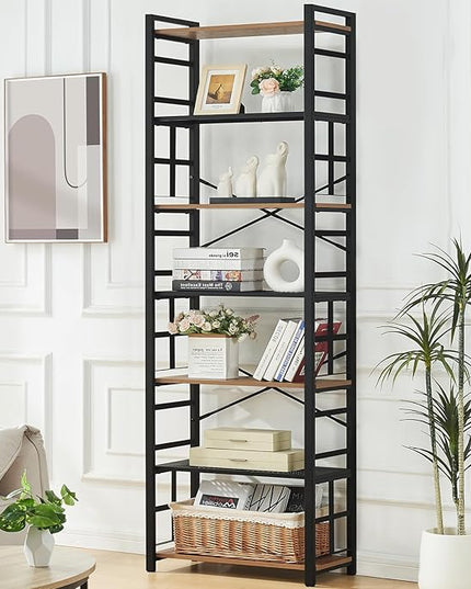 HOMBAZAAR Bookshelf,7 Tier Tall Bookshelf with Metal Frame,Open Bookshelves and Bookcases,Industrial Book Shelf for Living Room,Home Office and Bedroom,Rustic Brown - LeafyLoom