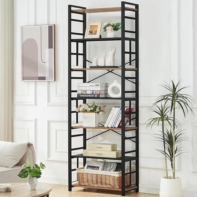 HOMBAZAAR Bookshelf,7 Tier Tall Bookshelf with Metal Frame,Open Bookshelves and Bookcases,Industrial Book Shelf for Living Room,Home Office and Bedroom,Rustic Brown - LeafyLoom