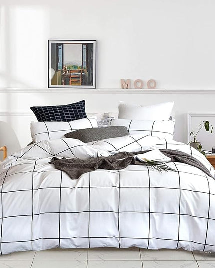 White Grid Comforter White Plaid Bedding Set Twin White with Black Line Stripes Boys Checkered Comforters Bedding Set Girls White Grid Comforter Set Twin - LeafyLoom