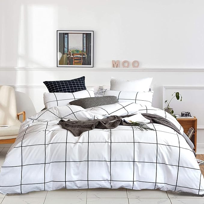 White Grid Comforter White Plaid Bedding Set Queen White Black Lines Printed Stripes Women Checkered Queen Comforters Bedding Set White Grid Comforter Set Queen - LeafyLoom