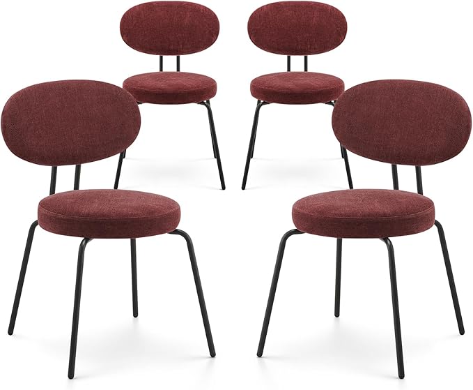 COLAMY Upholstered Fabric Dining Chairs Set of 4, Modern Dining Room Kitchen Side Chairs with Round Seat, Curved Backrest, Metal Legs, Red - LeafyLoom
