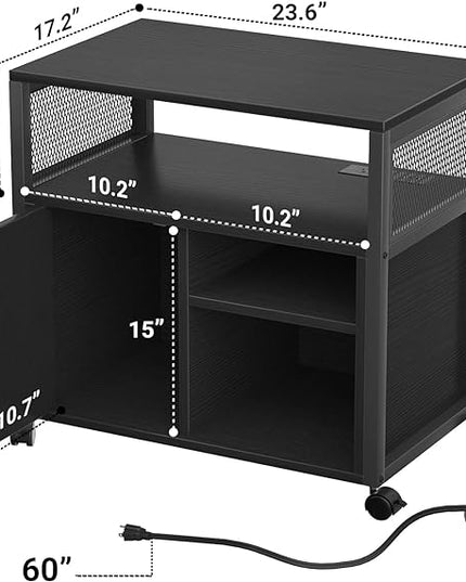Unikito Lateral File Cabinet, Locking Office Filing Cabinets with Socket and USB Charging Port, Modern Rolling Printer Stand with Storage for A4, Letter Size and File Folders, Black - LeafyLoom