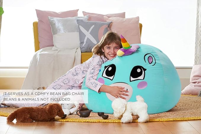 Aubliss Stuffed Animal Storage, Velvet Bean Bag Chairs Cover, Large 32" Ultra Soft Kids Toy Storage Organizer for Blankets Towels Clothes, Cyan Big Eyes - LeafyLoom