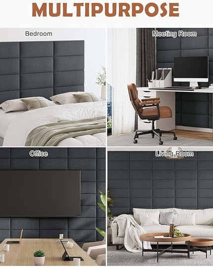 Upholstered Wall Mounted Headboard, 3D Soundproof Wall Panels Peel and Stick Headboard for Queen Size, Reusable and Removable Tufted Bed Headboard in Black(9 Panels, 10" x 24") - LeafyLoom