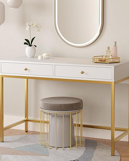 White-Vanity-Desk with 2 Drawers, White/Gold Home-Office-Desks Glossy Desktop Makeup-Vanity-Table Modern Writing Computer Standing Desk with Wood Top and Metal Frame for Home Office Bedroom Furniture - LeafyLoom