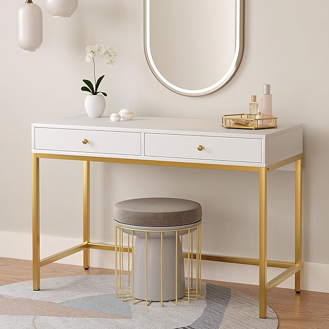 White-Vanity-Desk with 2 Drawers, White/Gold Home-Office-Desks Glossy Desktop Makeup-Vanity-Table Modern Writing Computer Standing Desk with Wood Top and Metal Frame for Home Office Bedroom Furniture - LeafyLoom