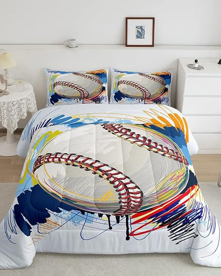 Erosebridal Baseball Comforter Set for Boys Kids King Grunge Graffiti Baseball Bedding Set Sports Theme Bed Comforter Sets Watercolor Hippie Tie Dye Quilt Duvet 2 Pillow Cases Hand Drawn Navy - LeafyLoom