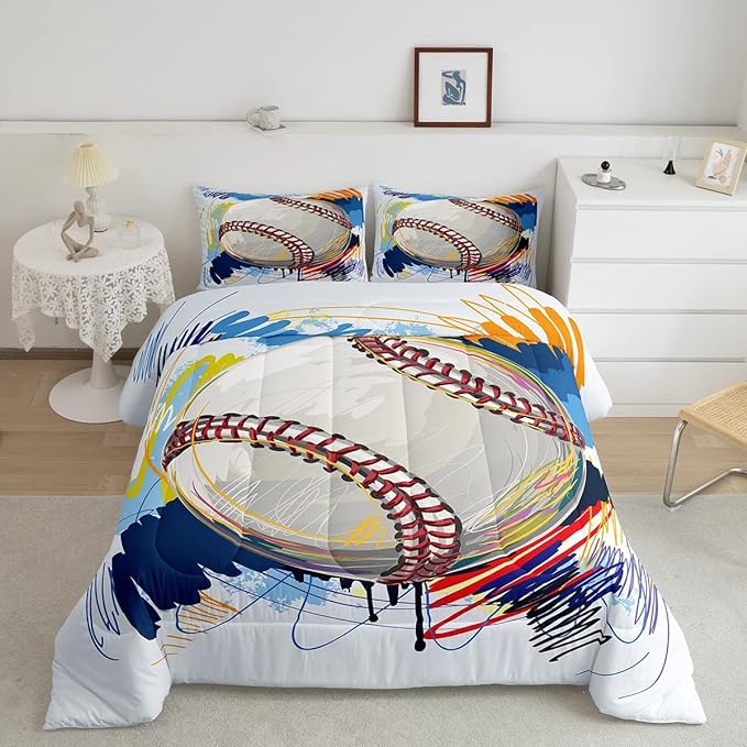 Erosebridal Baseball Comforter Set for Boys Kids Twin Grunge Graffiti Baseball Bedding Set Sports Theme Bed Comforter Sets Watercolor Hippie Tie Dye Quilt Duvet 1 Pillow Case Hand Drawn Navy - LeafyLoom