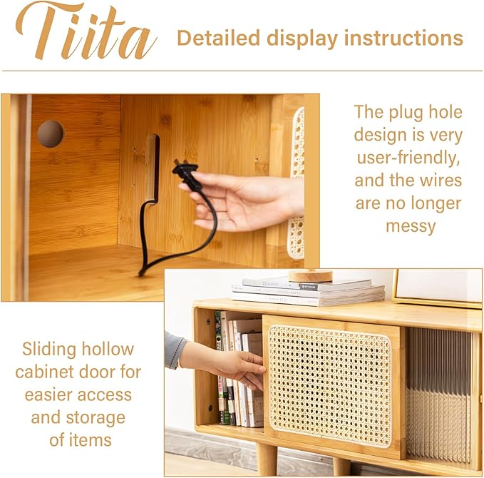 Tiita Rattan TV Stand for 55 60 Inch TV, Bamboo TV Cabinet with 2 Drawers, Boho Entertainment Center with Adjustable Shelf, Mid Century Modern Media Console for Bedroom, Living Room, Study - LeafyLoom