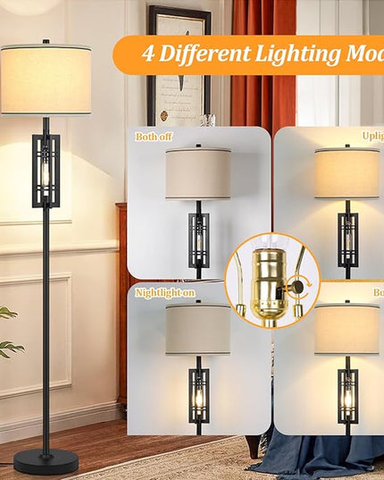 Farmhouse Floor Lamp with Night Light, Black Standing Lamp for Living Room, 2 E26 LED Bulbs Included, Industrial Floor Reading Lamp with Beige Fabric Lampshade, 64” Tall Lamp for Bedroom Office Corner - LeafyLoom