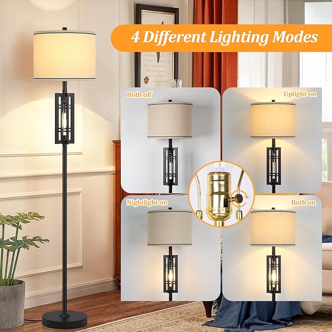 Farmhouse Floor Lamp with Night Light, Black Standing Lamp for Living Room, 2 E26 LED Bulbs Included, Industrial Floor Reading Lamp with Beige Fabric Lampshade, 64” Tall Lamp for Bedroom Office Corner - LeafyLoom