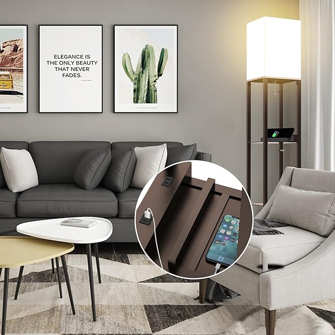 PAZZO Floor Lamp with Shelves, Shelf Floor Lamps by Solid Wood with 2 Charging Ports and 1 Power Outlet, Floor Lamps for Bedrooms, Lamps for Living Room, Brown Color - LeafyLoom