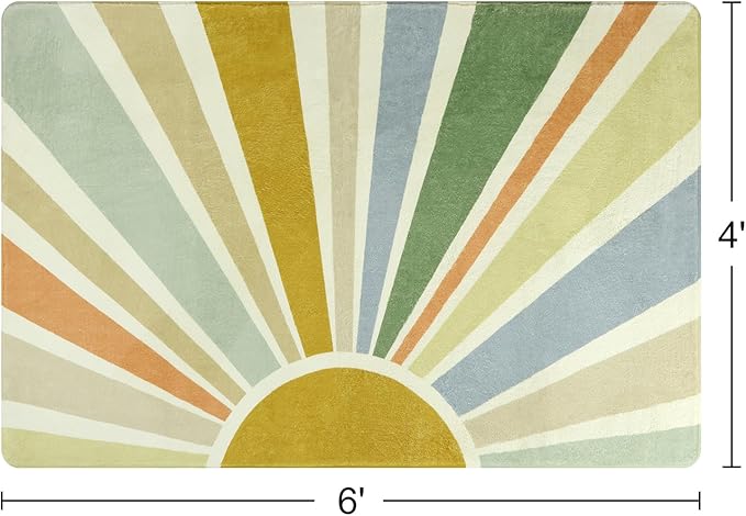 Boho Washable Rug 4'x6' Rug Kids Area Rug for Playroom, Non-Slip Kids Rug for Bedroom, Rainbow Modern Sun Carpet Soft Throw Sunshine Rug for Office Nursery Entryway Dorm - LeafyLoom