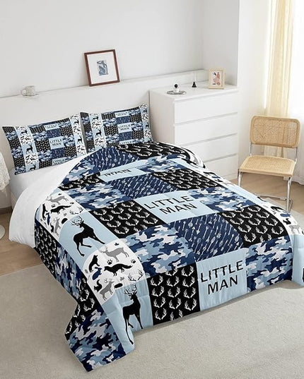Manfei Camo Deer Antlers Comforter Set Twin,Geometric Checks Patchwork Bedding Set 2pcs for Kids Teens Boys Adults Room Decor,Boho Arrow Animals Quilt Set,Blue Xmas Duvet Insert with 1 Pillowcase - LeafyLoom