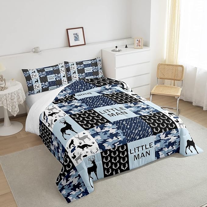 Manfei Camo Deer Antlers Comforter Set Twin,Geometric Checks Patchwork Bedding Set 2pcs for Kids Teens Boys Adults Room Decor,Boho Arrow Animals Quilt Set,Blue Xmas Duvet Insert with 1 Pillowcase - LeafyLoom
