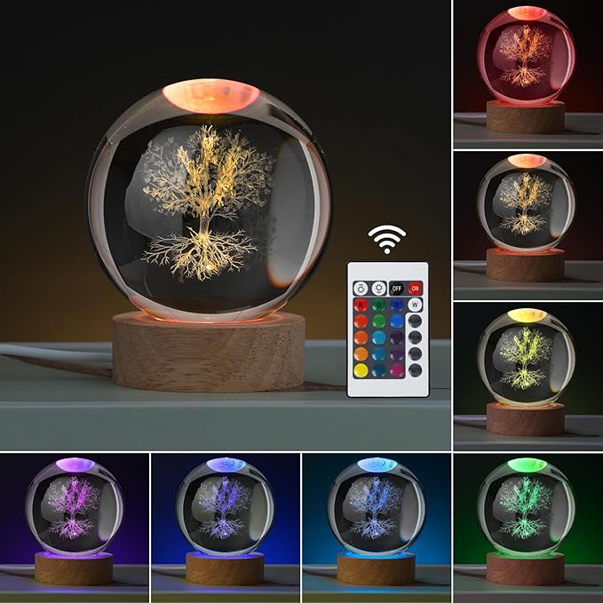Large 3D Tree Night Light Crystal Ball, Spiritual Gifts for Women Crystal Lamp 16 Color Changing with Remote Control for Bedroom Decor, Spiritual Decor Tree Figurines - LeafyLoom