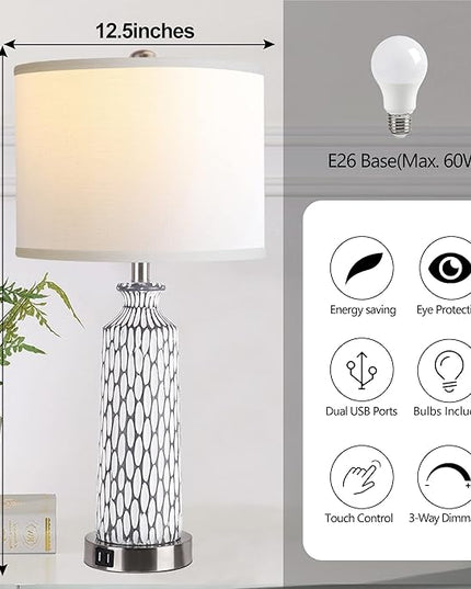 QiMH Table Lamp for Living Room with Touch Control,3-Way Dimmable Bedside Lamps for Bedroom with USB Ports, Modern Farmhouse Coastal Whitewash Gray Resin Nightstand Lamp(2700K LED Bulbs Included) - LeafyLoom