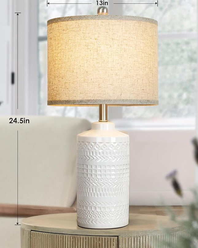 White Ceramic Table Lamp with Beige Shade: 3-Way Dimmable Night Stand Light Lamp 24.5" Modern Table Lamps for Living Room Bedroom End Table Office Entryway Lamps (Bulb Included - LeafyLoom