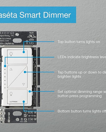 Lutron Caseta Original Smart Dimmer Switch Starter Kit, with Pico Remote, Wall Plate, and Smart Hub, Works with Alexa, Apple Home, and Google Home, 3 Way, 150W, No Neutral Req, P-BDG-PKG1W Lutron
