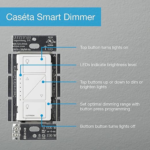 Lutron Caseta Smart Lighting Original Dimmer Switch (Lutron Smart Hub Required), for Light Bulbs, 150 Watt, Single-Pole/3-Way, No Neutral Required, PD-6WCL-WH-3-A, White, 3 Pack Lutron