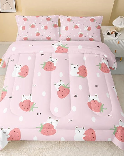 Cartoon Bear Comforter Twin Size,Pink Strawberry Comforter Set for Kids Teens Girls,3Pcs Bedding Set Printed Comforter with 2 Pillowcases,Down Alternative,Soft and Lightweight，Twin Size - LeafyLoom