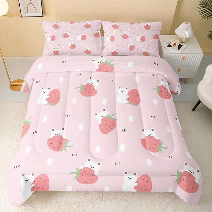 Cartoon Bear Comforter Twin Size,Pink Strawberry Comforter Set for Kids Teens Girls,3Pcs Bedding Set Printed Comforter with 2 Pillowcases,Down Alternative,Soft and Lightweight，Twin Size - LeafyLoom