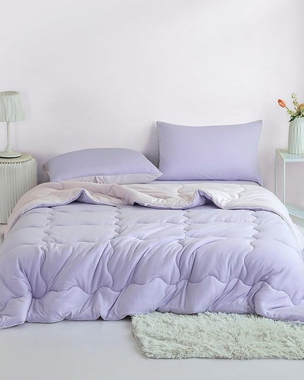 COTTEBED Reversible Ultra-Soft Light Pink and Purple Comforter Set Queen Full Size, Jersey Knit T-Shirt Feel Cute Fluffy Lightweight Bedding Down Blanket Quilt Pillowcase for Man Women Girl All Season - LeafyLoom