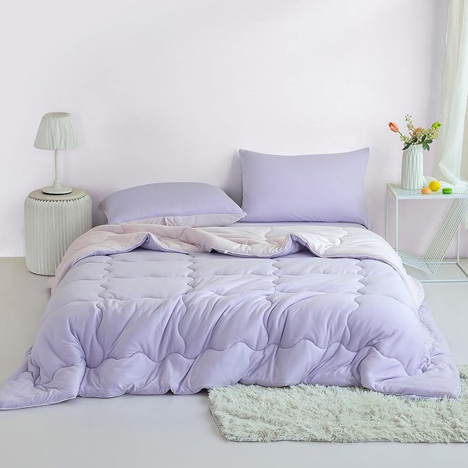 COTTEBED Reversible Softness Pink Purple Twin Comforters Sets for Girl Kids College Dorm, Cute Jersey Knit Lightweight Breathable Fluffy Cozy Comfy Bed Down Comforter Quilt for All Season Twin/Twin XL - LeafyLoom