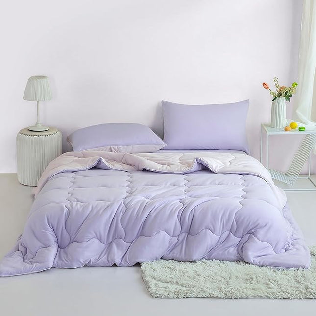 COTTEBED Reversible Ultra-Soft Purple and Light Pink King Size Bed Comforter Set, Jersey Knit T-Shirt Feel Cute Comy Bedding Down Blanket Quilt & Pillowcase Lightweight All Season California Cal King - LeafyLoom