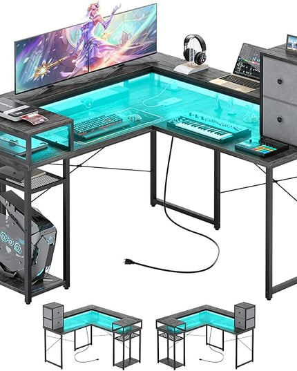 armocity L Shaped Desk with Drawers, Reversible Corner Computer Desk with LED Light & Power Outlet, 55.2'' L-Shaped Gaming Desk with Long Monitor Shelf, Home Office Desk for Small Corner Space, Grey - LeafyLoom