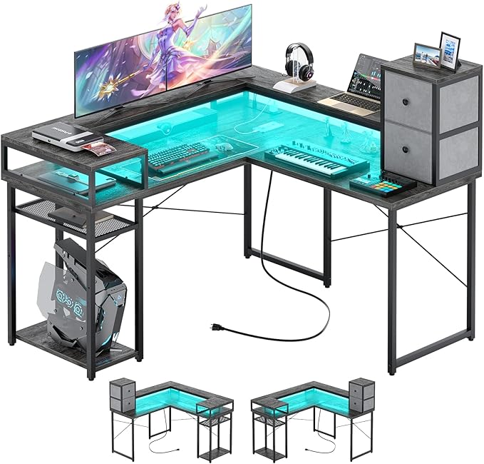 armocity L Shaped Desk with Drawers, Reversible Corner Computer Desk with LED Light & Power Outlet, 55.2'' L-Shaped Gaming Desk with Long Monitor Shelf, Home Office Desk for Small Corner Space, Grey - LeafyLoom