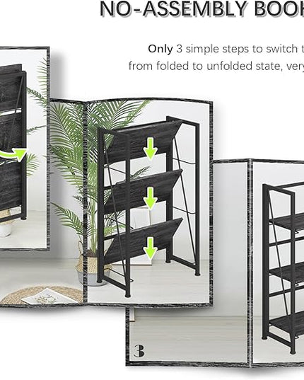 4NM No-Assembly Folding Bookshelf Storage Shelves 3 Tiers Vintage Bookcase Standing Racks Study Organizer Home Office (Gray and Black) - LeafyLoom