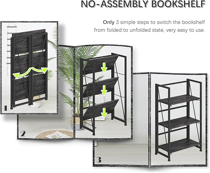 4NM No-Assembly Folding Bookshelf Storage Shelves 3 Tiers Vintage Bookcase Standing Racks Study Organizer Home Office (Gray and Black) - LeafyLoom