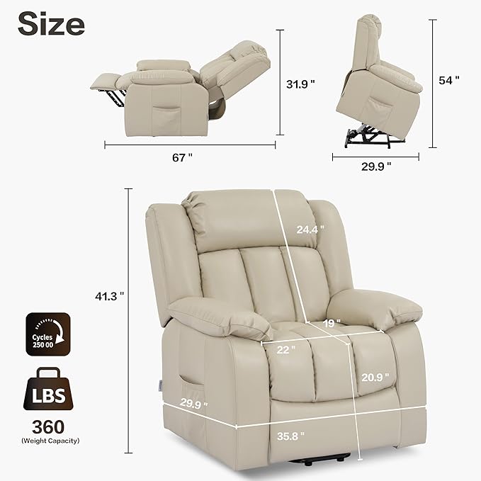 Lift Chair Electric Power for Elderly, Swivel Glider, Upholstered Living Room Reclining Sofa with Lumbar Support, Beige-v96 - LeafyLoom