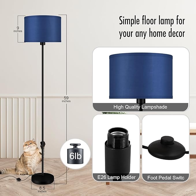 BoostArea Floor Lamp Standing Lamp, Dimmable Floor Lamps for Living Room, Simple LED Tall Lamp with Lampshade, On/Off Footswitch, Black Floor Lamp, Corner Lamps for Bedroom/Office,Blue (without Bulb) - LeafyLoom