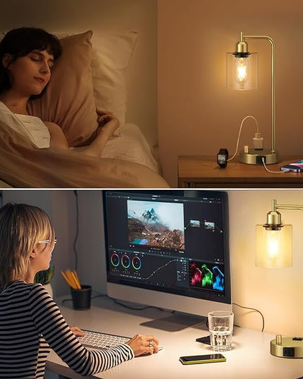 Industrial Table Lamps for Bedroom Set of 2 - Fully Dimmable Bedside Lamps with USB Ports and Outlet, Gold Nightstand Lamps with Clear Glass Shade for Living Room, Desk Lamps for Office Reading - LeafyLoom