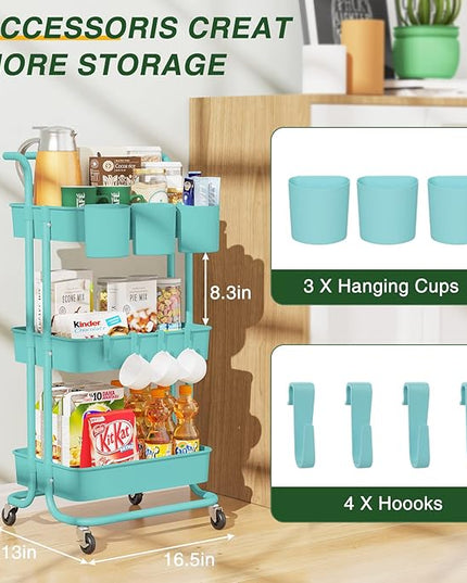 3-Tier Rolling Mobile Utility Cart with Hanging Cups & Hooks & Handle Multifunctional Organizer Storage Trolley Service Cart with Wheels Easy Assembly for Office, Bathroom, Kitchen (Blue) - LeafyLoom