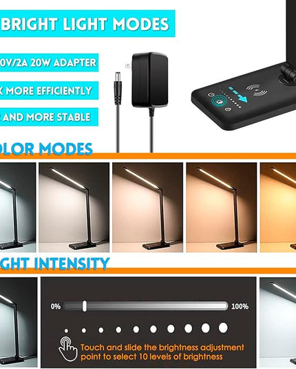 LED Desk Lamp with Wireless Charger, USB Charging Port, 10 Brightness, 5 Color Modes, Desk Lamps for Home Office, Dimmable Table Lamp Eye Caring Reading Light, Touch Control, Auto Timer, Black - LeafyLoom
