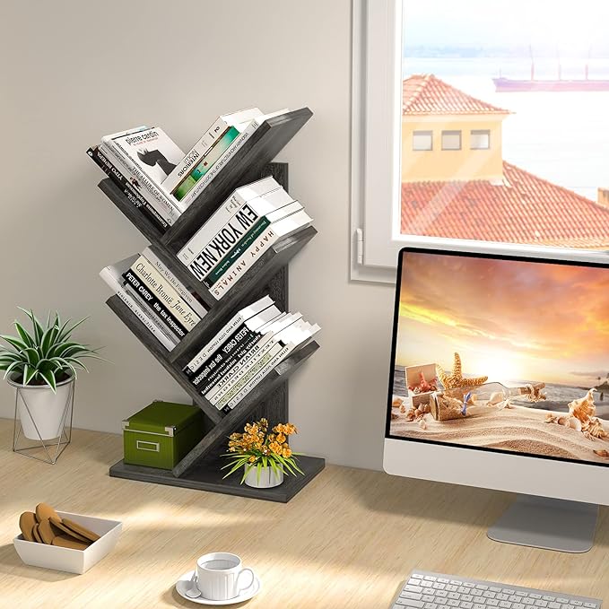 Topfurny Tree Bookshelf, 4-Tier Book Storage Organizer Shelves Floor Standing Bookcase, Wood Storage Rack for Office Home School Shelf Display for Cd/Magazine/Book -Black Oak - LeafyLoom