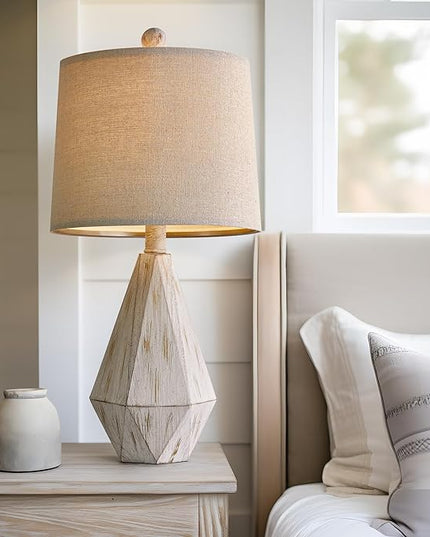 PoKat 20.25" Farmhouse Table Lamp for Nightstand, Vintage Bedside Lamps, Rustic Small Lamp, Modern Side Table Lamp for Living Bed Room Home with Linen Lampshade, White - LeafyLoom