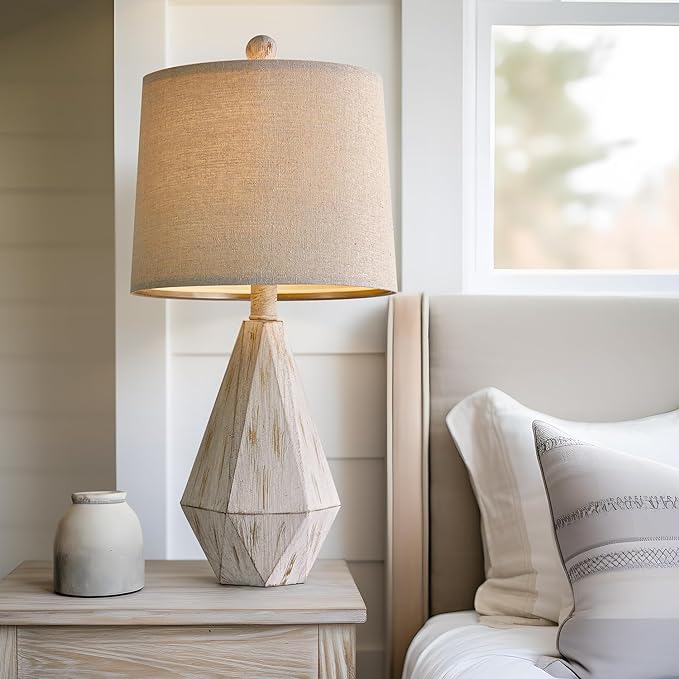 PoKat 20.25" Farmhouse Table Lamp for Nightstand, Vintage Bedside Lamps, Rustic Small Lamp, Modern Side Table Lamp for Living Bed Room Home with Linen Lampshade, White - LeafyLoom