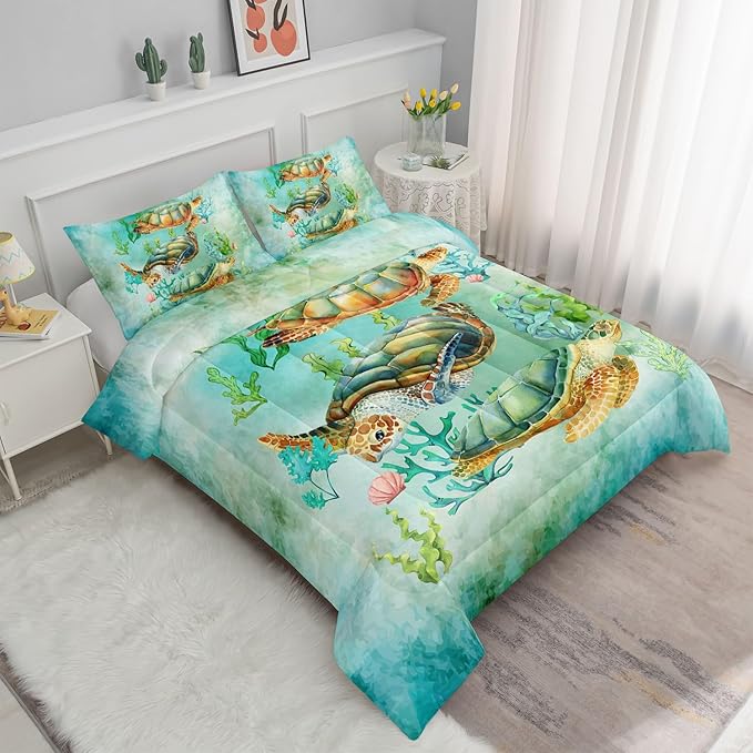 Datura home Sea Turtle Comforter Bedding Set for Kids Teens Adults,Watercolor Sea Turtle Light-Green and Blue Coral Seaweed Ocean Themed Comforter with 2 Pillowcases(Turtle Twin),Green Turtle - LeafyLoom